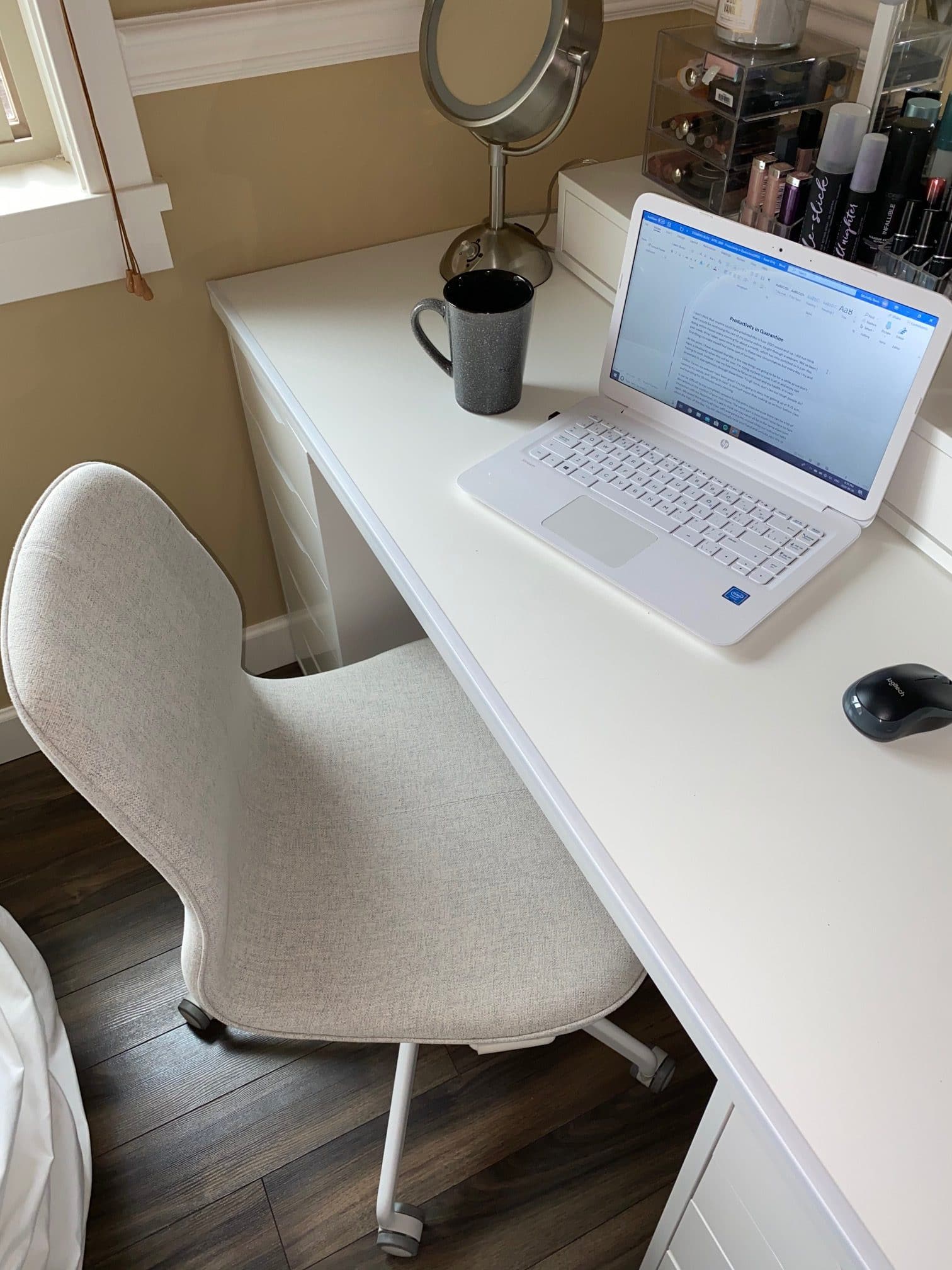 Michelle's computer set up on her room, where she watches her online classes.
